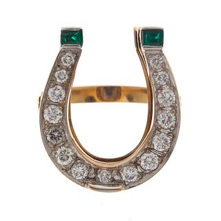 Diamond, Emerald, 14k Yellow Gold Horseshoe Ring
