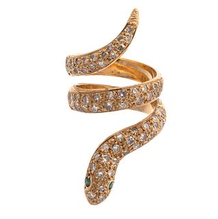 Diamond, Emerald, 14k Yellow Gold Snake Ring