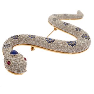 Vintage Diamond, Sapphire, Ruby, 18k Snake Brooch