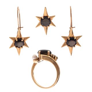 Black Star Sapphire, Diamond, Cultured Pearl, 14k Jewelry Suite