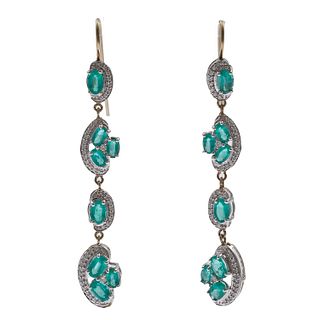 Pair of Emerald, Diamond, 18k, 14k White Gold Earrings
