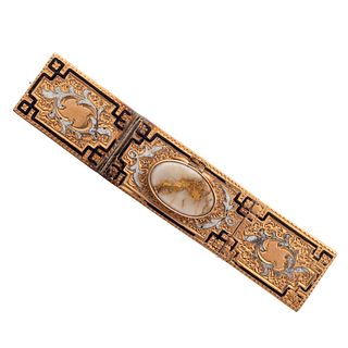 Antique Gold-in-Quartz, Enamel, 14k Bar Pin