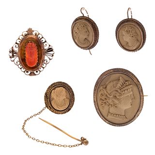 Collection of Victorian Coral, Lava Cameo Jewelry