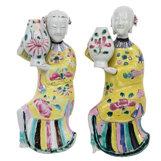 Pair Asian Ceramic Wall Figures with Vases