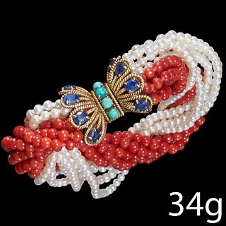 FINE ANTIQUE CORAL, PEARL MULTI STRAND BRACELET, WITH SAPPHIRE AND TURQUOISE CLASP.