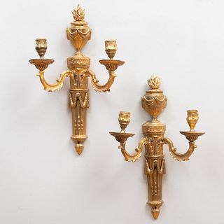 Pair of Louis XVI Style Gilt-Bronze Two-Light Sconces