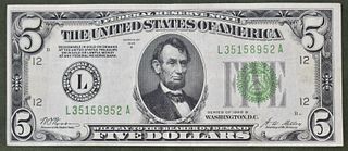 1928 B FIVE DOLLAR BILL