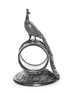 An American Silver-Plate Figural Napkin Ring with a Peacock, Reed & Barton, Taunton, MA, Late 19th Century, the domed circular b