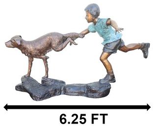 Monumental Painted Bronze Statue Of Boy and Dog