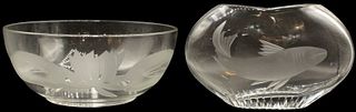 (2) Etched Lotus Bowl and Etched Fish Oval Vase