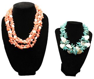 (2)Necklaces: Coral & FW Pearl / Turquoise & Shell