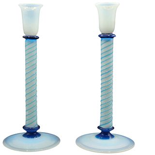 Set of Opalescent Foval Glass Style Candlesticks
