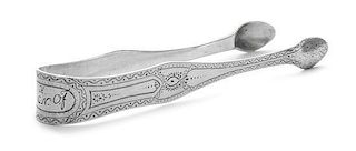 A Pair of Swedish Silver Sugar Tongs, Boye, Stockholm, 1788, bright-cut and engraved with wriggle-work and dotted panels, the en
