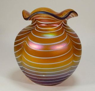 Antique Iridescent Art Glass Feathered Vase