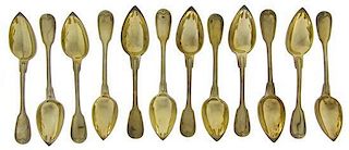 A Set of Twelve French Silver-Plate Gilt Tablespoons, Christofle, Paris, 20th Century, Fiddle Thread pattern, the terminals engr
