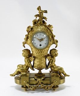 French Gilt Bronze Floral Basket Cherub Clock