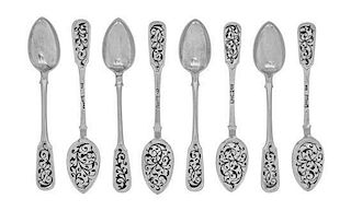 Eight Russian Silver and Niello Teaspoons, Fyedor Ivanov, Moscow, 1864 / maker's mark Cyrillic ER, Moscow, 1864, the back of the
