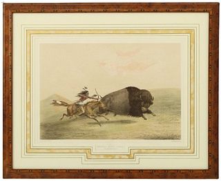 Hand Colored Lithograph on Paper Buffalo Hunt