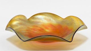 American Iridescent Gold Art Glass Ruffled Plate