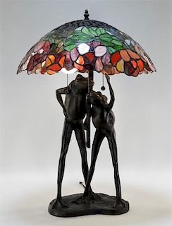 Vintage Wuyh Bronze Frog Leaded Glass Lamp