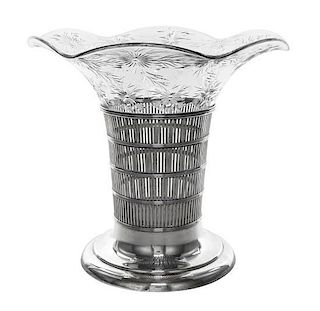 An American Silver Mounted Cut Glass Vase, Watson Company, Attleboro, MA, 20th Century, the removable glass vase with undulating