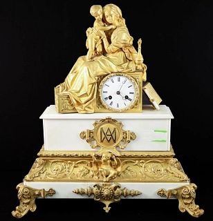 French Dore Bronze & Marble Figural Clock