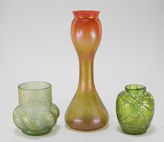 3 Czechoslovakian Iridescent Art Glass Vases