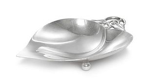 An American Silver Small Dish, Tiffany & Co., New York, NY, Circa 1940, of leaf form with vine and leaf form handle