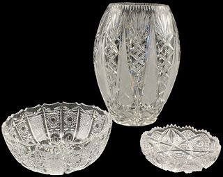 (1) Cut Glass Vase & (2) Cut Glass Bowls