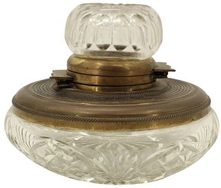 Cut Glass Antique Inkwell with Brass/Glass Lid