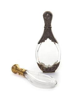 * A Gold and Glass Scent Flask, , the neck mount and hinged cover engraved with leaf-tips and flowers, cover with monogram SB, a
