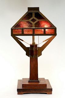 American Arts & Crafts Mission Oak Slag Glass Lamp