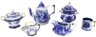 6 Flow Blue Assorted Items, Teapot, Shaving Mug