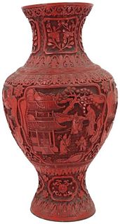 Vintage Chinese Cinnabar Vase W/ Panoramic Views