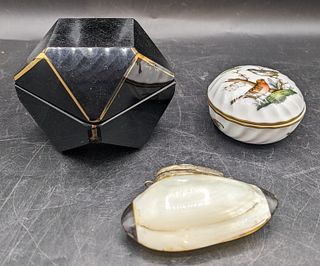 (3) Lidded Containers, 1 Glass, 1 Shell, 1 Herend