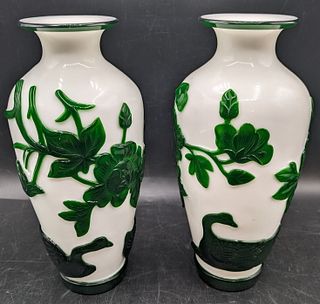 Pair of Chinese Peking Glass White / Green Vases