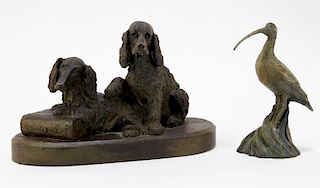 2 American Contemporary Bronze Dog & Heron Figures