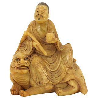 Chinese Figural Soapstone Carving & Mythical Beast