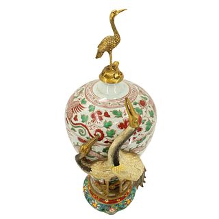 Chinese Porcelain Vase W/ Cloisonne Crane on Base