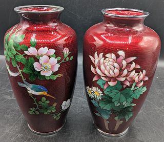 Pair of Japanese Ando Red Floral Vases