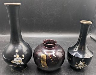 (3) Japanese Ebonized Metal Vases