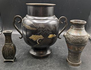 Collection of 3 Early 20th C Japanese Bronze Vases
