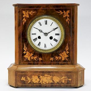 French Marquetry Inlaid Fruit Wood Mantel Clock