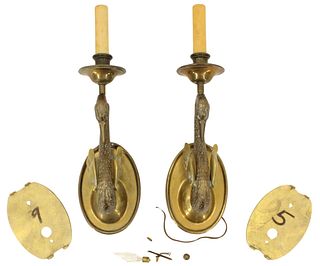 Pair of Ornate Brass Swan Electric Candle Sconces