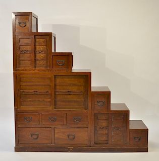 Japanese Tansu Double Sided Step Form Cabinet