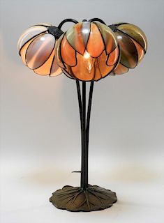 Slag Glass 3 Light Water Lily Bronze Table Lamp