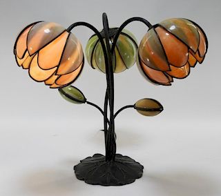American Slag Glass Water Lily Bronze Table Lamp