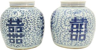 (2) Chinese Blue & White Lidded Ginger Jars