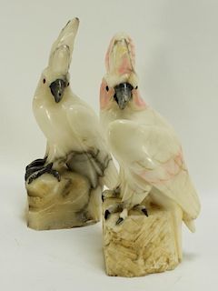 Near Pair of Art Deco Carved Alabaster Cockatoos