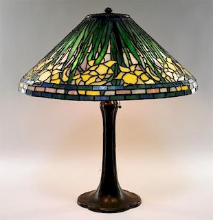 American Leaded Glass Daffodil Handel Bronze Lamp